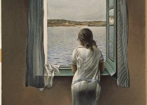 The famous Salvador Dali painting, where a girl is standing at the window viewing the ocean.