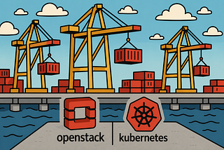 Illustrated container port scene featuring cargo cranes and shipping containers above the OpenStack and Kubernetes logos. The OpenStack logo and the Kubernetes helm-wheel logo are displayed side by side on a dock, symbolizing the convergence of OpenStack infrastructure services and Kubernetes orchestration in modern cloud platforms.