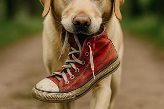 A yellow Labrador retriever stands on a path holding a worn red Converse shoe in its mouth, suggesting a story of loyalty, loss, and unexpected rescue.