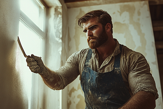 1920s craftsman applying plaster to a wall near a window, showcasing historical construction techniques and meticulous craftsmanship.