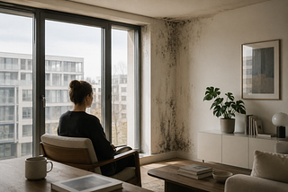 A woman sits quietly in a modern minimalist apartment, looking out through large windows while subtle mold stains appear in the corner of the room, highlighting the tension between contemporary architecture and indoor climate issues.