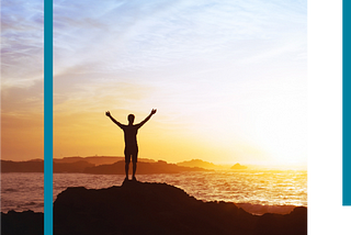 a silhouette of man with his arms out over the beach at sunset