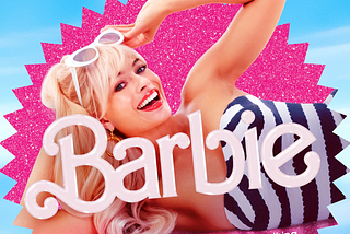 Divulgação oficial do filme, um poster com uma forma rosa ao fundo e a atriz Margot deitada, ela está loira com oculos escuros acima da cabeça, sorrindo e com um maiô preto e branco. O logotipo da empresa está na frente.