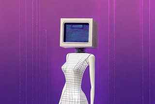 Digital fashion fusion concept showcasing a mannequin dressed in a white, grid-lined dress with a vintage computer monitor for a head, representing the integration of 3D technology in modern fashion retail against a vibrant purple background, symbolizing the step towards futuristic digital retail solutions with Designhubz.