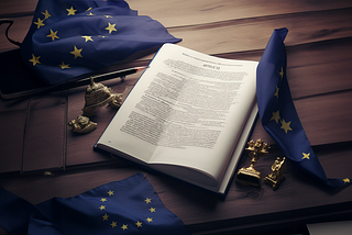 A pile of papers titled article 32, placed amongst EU flags and gold trinkets.