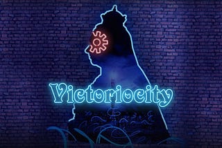 The Victoriocity banner: a purple-tinted brick wall background with the title displayed in glowing blue over the silhouette of an elderly Queen Victoria, with a cog at her eye level, that inlays the image of an electric tower against an evening sky. A vignette darkens the edges and blue wavy shapes border the bottom mid-left of the image.