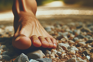 a bare human foot on a gravel road