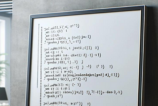 A white board in an office setting with computer code on it.