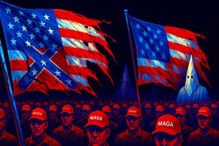 A crowd of MAGA supporters in red hats waving American flags that are torn to reveal Confederate symbols beneath, symbolizing white supremacy hiding under patriotism.