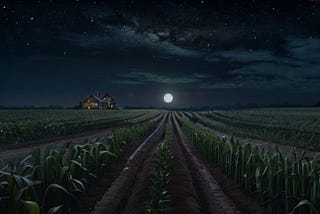 A moonlit cornfield stretches out endlessly under the starry night sky.