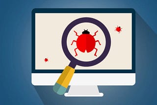 An invisible inspector detects an actual bug on a monitor with a magnifier