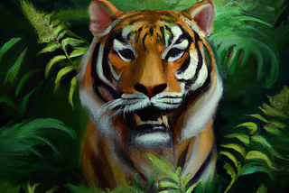 Digital painting of a menacing tiger surrounded by jungle foliage.