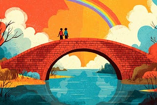 A colourful illustration of two people holding hands standing on a brick bridge over a blue river with a rainbow overhead.