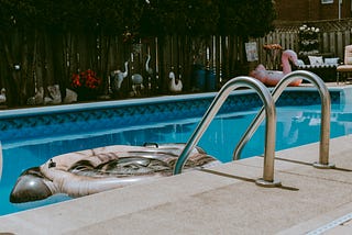 Home swimming pool with large floaties and bird statues.