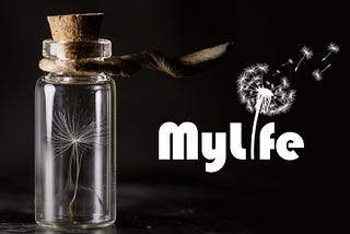 An apothecary corked clear vial holding one tiny dandelion sand with the MyLife Logo, its own letter ‘i’ a dandelion blowing genuine human narrative for posterity.