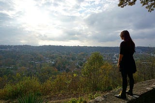 Image ID: The author standing on a wall outside looking at a forest and the sunset