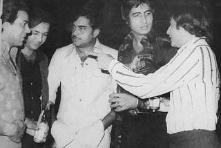 (L to RDharmendra, Prem Chopra, Shatrughan Sinha, Amitabh Bachchan and Jeetendra during a party.