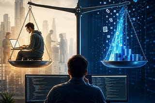 Alt text: A developer faces a giant scale weighing human labor against glowing streams of AI tokens and code, suggesting the shifting economics of software development