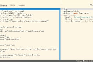 Screenshot of a Visual Studio Code terminal running tmux with two panes. The pane on the left 2/3rds is running vim editing a tmux.conf file, and the pane on the right is running a remix/vite dev server. In this screenshot each pane is titled with its index and the current running process. The active pane is highlighted with a blue border. There’s also a title bar on the terminal footer showing the active pane title on the left, and the current host, time, and date on the right.