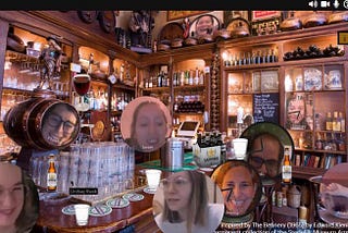 Image shows close up of bar counter, crowded with drinks and cups and bottles and plates, overlayed with bubbles of faces clearly post-edited. Bottom right of image contains text: “ Inspired by The Beanery (1965) by Edward Kienholz”