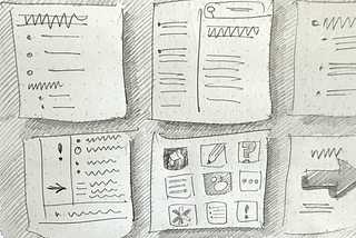 Pencil sketch of six roughly drawn squares with different note and task configuations in each. One box contains nine app icons.