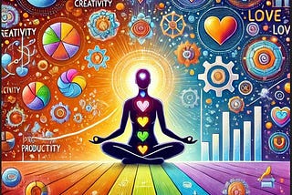 A vibrant illustration of a person sitting in a meditative pose, surrounded by symbols of personal strengths and virtues like creativity, love, courage, and wisdom. On the left side, professional productivity symbols such as gears, charts, and graphs are displayed, while on the right side, personal well-being is represented by icons like hearts, trees, and a glowing sun. The colourful background merges these elements, reflecting a balance between mental well-being and success. The image symbolis