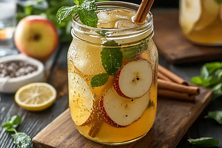 Brazilian Mounjaro Recipe with Apple Cider Vinegar — Light herbal drink with lemon, ACV, and ginger root on a wooden board.