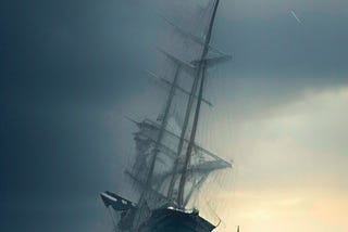 AI-generated image of a sailing ship on the ocean under a threatening sky.