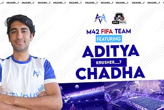 A photo of Aditya, M42 Esports FIFA team athlete. The logo of M42 Esports and Epic Meta can be seen