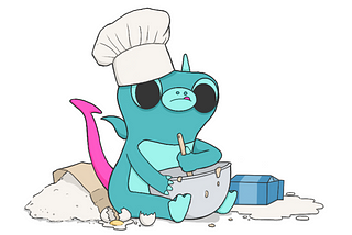 A drawing of Sparky, the boldstart mascot, wearing a chef’s hat and doing some baking. He is making a big mess — the floor is covered in spilled milk, flour, and broken eggs.