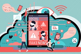 A collage image of objects associated with social media. In the center, a cell phone displays the words “Social Media” above a panel of 4 images, with the words “fake news” displayed below.