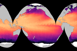 Map of sea surface temperature for July 30, 2024. Cold ocean water (surrounding Antarctica) is near black, cool water (in the Southern Ocean and North Atlantic)is purple, warmer water (near the Equator) is orange, and the hottest water (in the Red Sea and Persian Gulf)is yellow. The map is in the Interrupted Goode Homolosine (Oceanic View) projection.
