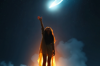 The image shows a young woman standing on a hill at night, reaching up towards a bright comet or shooting star streaking across the sky. She is silhouetted against a glowing light behind her, which casts a warm, orange halo around her figure. The sky is dark, filled with stars, and the comet has a bright, icy tail. The scene conveys a sense of wonder and connection with the universe, as if she is reaching out to touch the cosmos.