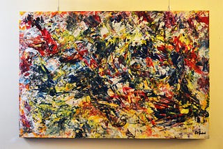 Title Contemporary abstract galactic television walking in a sea of reality, 2024
 Robert Ireland (B. 1966) Mixed media, Wood panel 50.8 cm x 76.2 cm