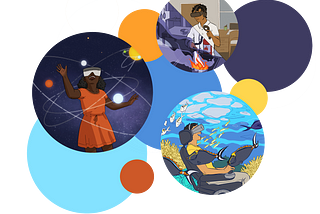 Illustration of young people using virtual reality headsets to cook in kitchen, explore outer space, and explore the ocean