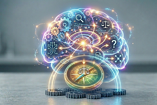 Human brain with gears and icons