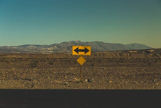 A single direction sign pointing in both directions, set against a barren landscape.