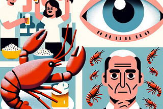 On the left, a cheerful crayfish party with people raising their glasses in a toast; on the right, a man in his 40s with a thoughtful expression. Above them, a large, omniscient AI eye spies on the scene, symbolizing the AI’s constant surveillance, with no iPhone or ad in sight.