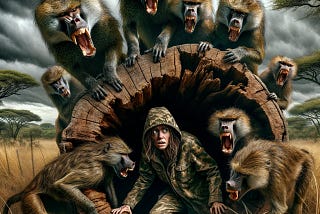 Angry baboons surround bad hunter woman.