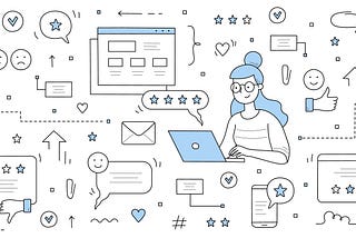 A doodle consisting of elements and icons that depict user feedback