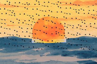 An abstract image with the sun setting over the ocean and birds flying towards their destination; a metaphorical illustration of humans journeying from the realm of souls to their final abode in Heaven or Hell — from Allah to Allah. Author-generated image using Canva, copyrights by Salam Khan.