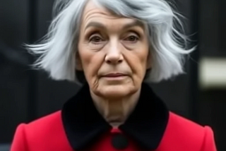 A middle-aged woman with grey hair, wearing a red coat with a black collar