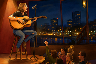 Our heroine, Selena, plays guitar and sings on stage at a club called Berzerkly.
