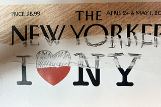 Illustration/collage showing the top of the New Yorker masthead and the bottom of the “I Heart NY” logo. The missing sections reveal a blurry pencil rending.