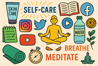 Uma colagem digital colorida e vibrante que mistura imagens associadas ao bem-estar e autocuidado (como uma pessoa meditando em posição de lótus, produtos de skincare, garrafa de água, tapete de yoga, cronômetro, folhas e frutas) com ícones de redes sociais (Instagram, Twitter, Facebook, YouTube). Tudo disposto de forma meio caótica e desordenada, como se fosse um painel de referências exagerado.