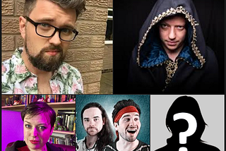 Pictures of all the panelists for the Comedy in Games panel at UKGE. Grant Howitt is a white man with short brown hair and thick rimmed glasses. John Gracey is a white man wearing a hooded cloak and looking mysterious. Yvris Burke (that’s me) is a white woman with short brown hair and red lipstick. Ed Jollyboat is a white person with long brown hair and a beard. There’s an additional thumbnail showing a silhouette of a person with a question mark representing the mystery guest.