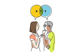 Illustration of a woman on the left facing a man on the right with speach bubbles above them in a venn diagram overlapping stylke. in one bubble is an X and the other a Y. There is a question mark where they overlap.