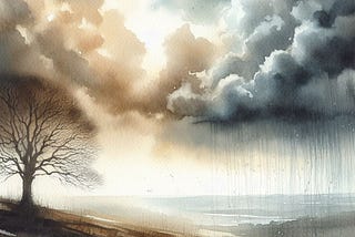 A landscape and golden cloud with a barren tree on one side and silvery clouds with rain on another side.