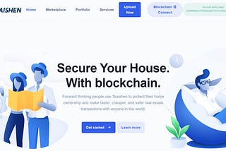 Web page image with words “Secure Your House With Blockchain” and illustration characters looking at a map on left hand side and illustrated male sitting in a lounge chair on the right