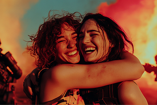 photo of two women happily hugging each other, skynet robots carrying guns all around them, dramatic scene and colors, fire, AI image created by henrique centieiro and bee lee on midjourney